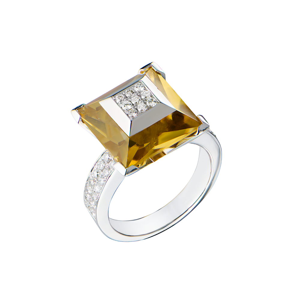 Кольцо No name Yellow Quartz & Diamonds & White Gold(49078) №4