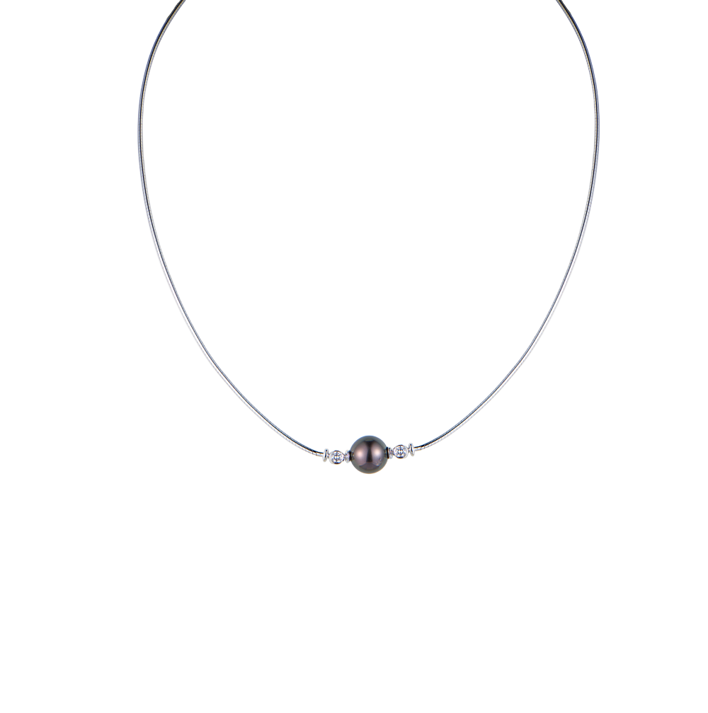 Колье Mikimoto Black Pearl 9 mm & 2 Round Diamonds & White Gold(46439) №5