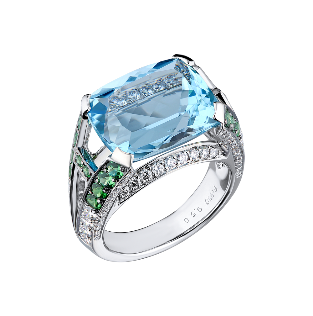 Кольцо Harry Winston Aquamarine & Diamonds & Chrysolite in Platinum(29935) №4