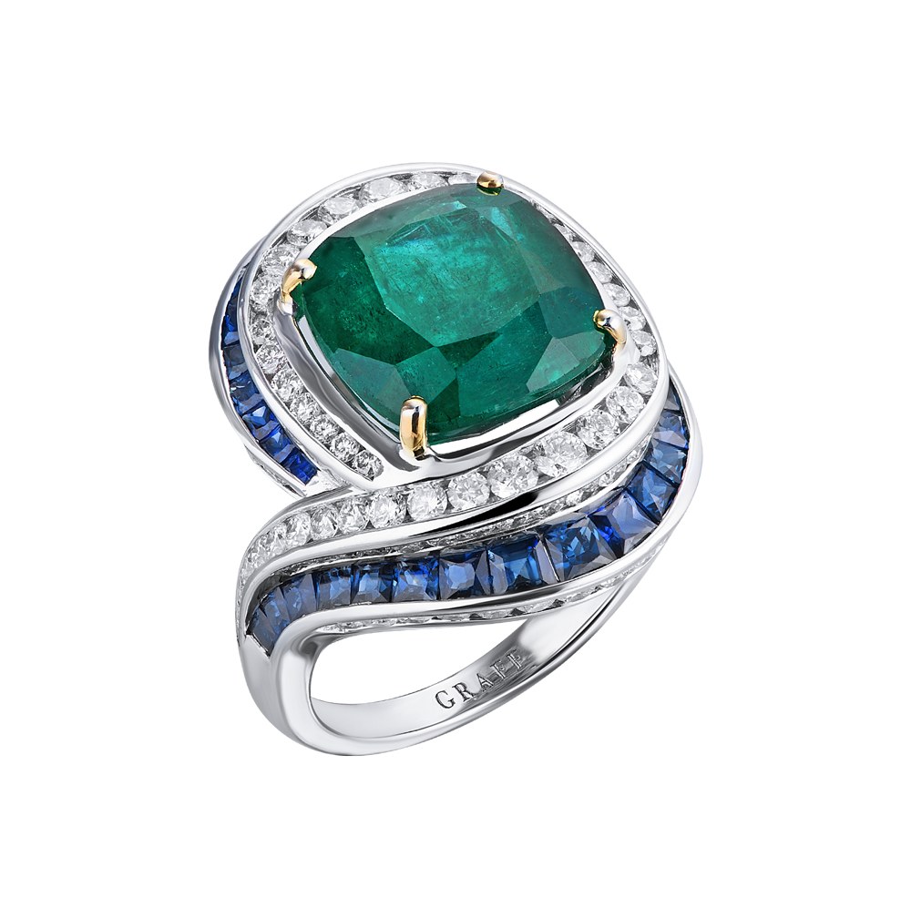 Кольцо GRS Gemresearch Swisslab 7,47 ct Natural Green Emerald & Sapphires & Diamonds(26041) №5
